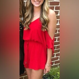 Fabrik bright red romper with tie waist and cutout sleeves